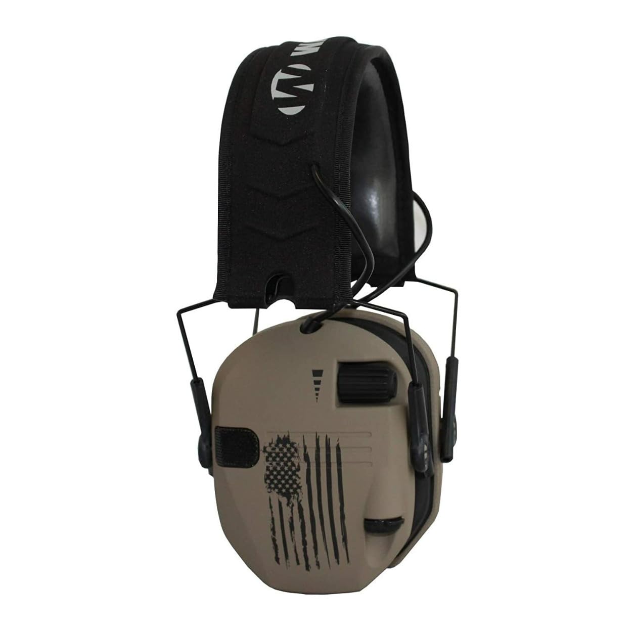 Walker's Digital Razor earmuffs in FDE with US flag offer 23 dB NRR protection.