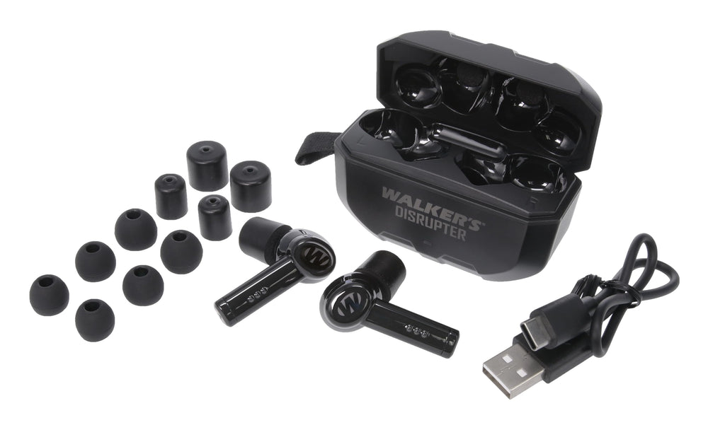 Walker's Disrupter Earbuds rapid impulse cancellation reducing sudden noises at range.