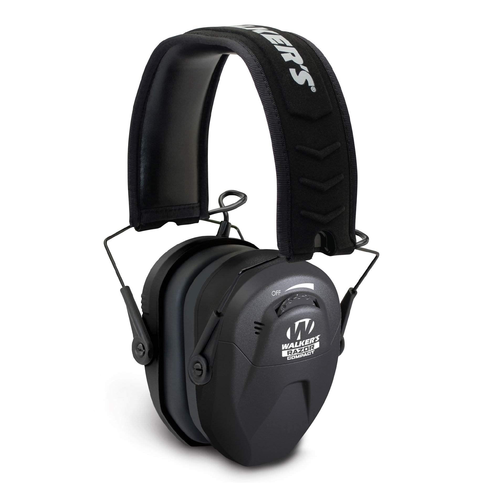 Walker’s Razor Compact earmuffs folded for easy range storage and transport.