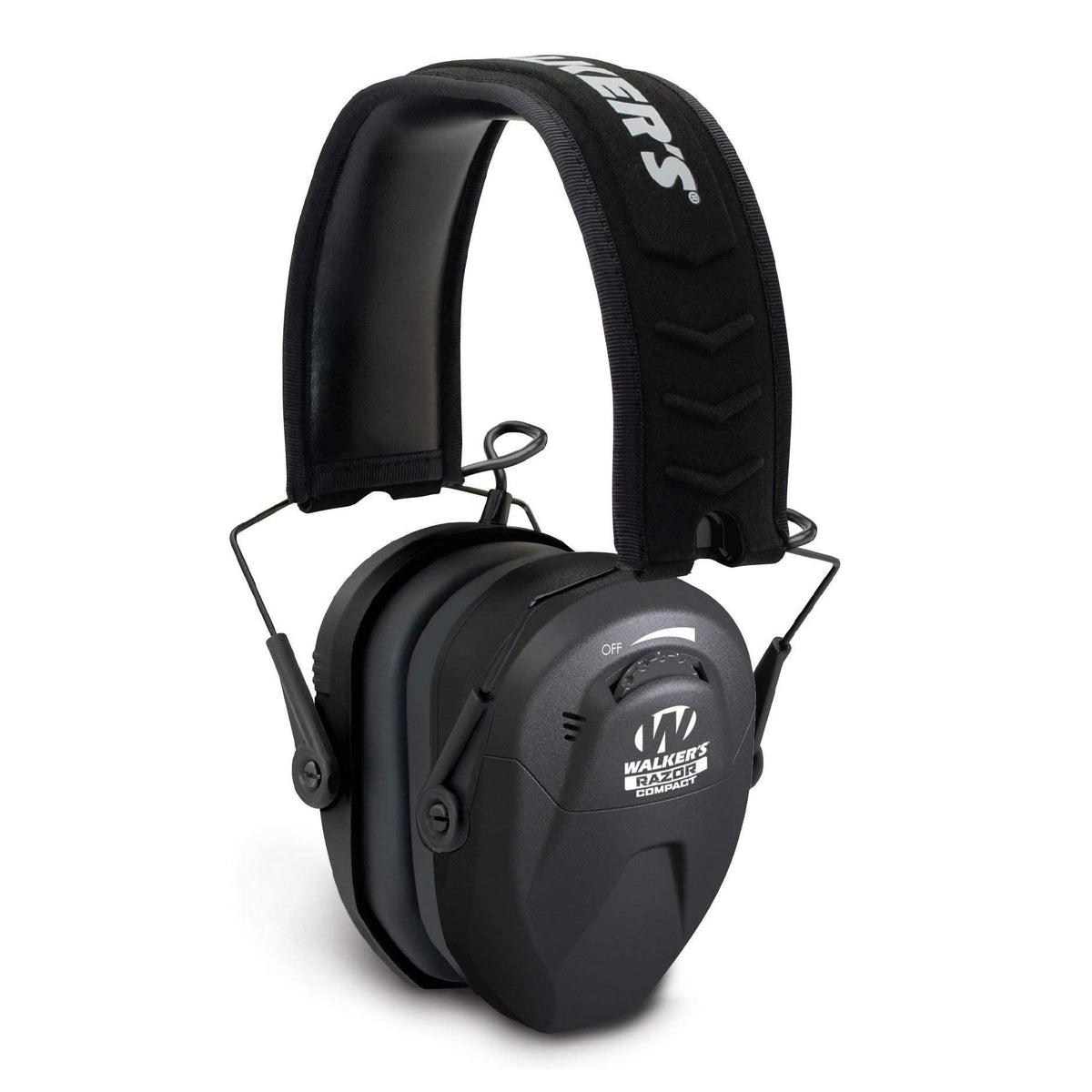 Walker’s Razor Compact earmuffs folded for easy range storage and transport.