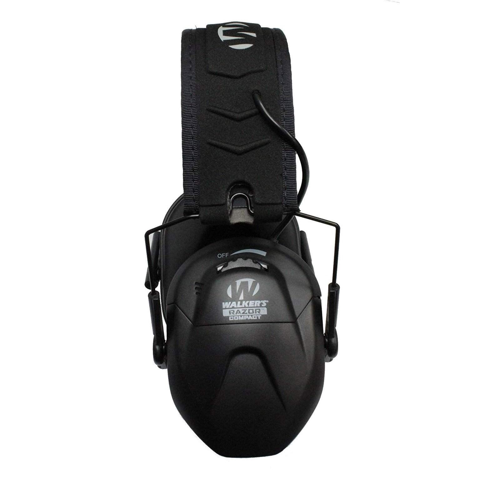 Walker’s Razor Compact worn at the shooting range for protected hearing.
