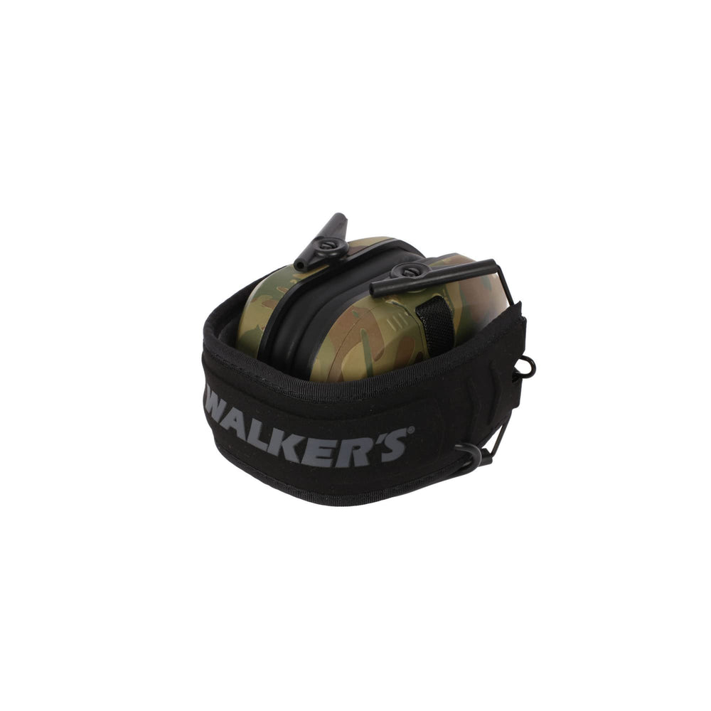 Walker’s Razor Slim electronic muff worn with comfortable headband for long shoots.