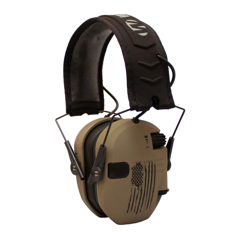 Walker's Razor Slim electronic muff in distressed tan flag design for range protection.