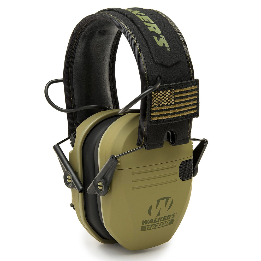 Walker’s Razor Slim Patriot ear muffs front view in olive drab; ideal for hunting with clear surrounding awareness.
