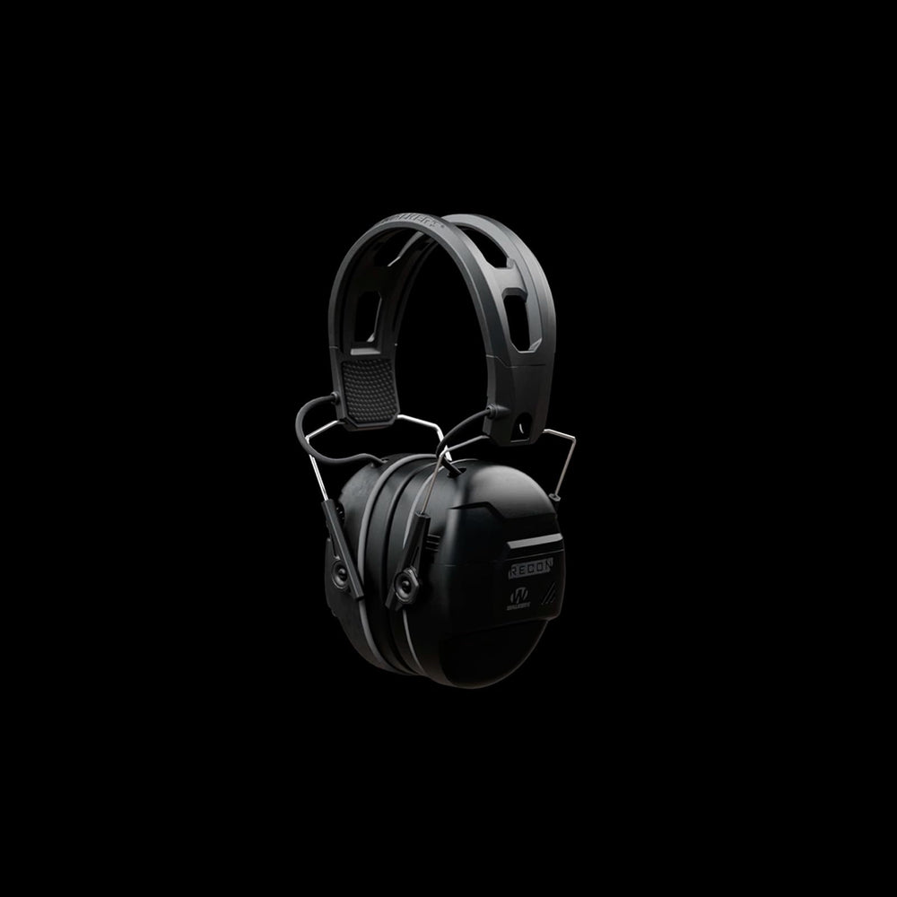 Walker's Recon Digital Muffs SAC compression shows instant loud-noise suppression for safety.