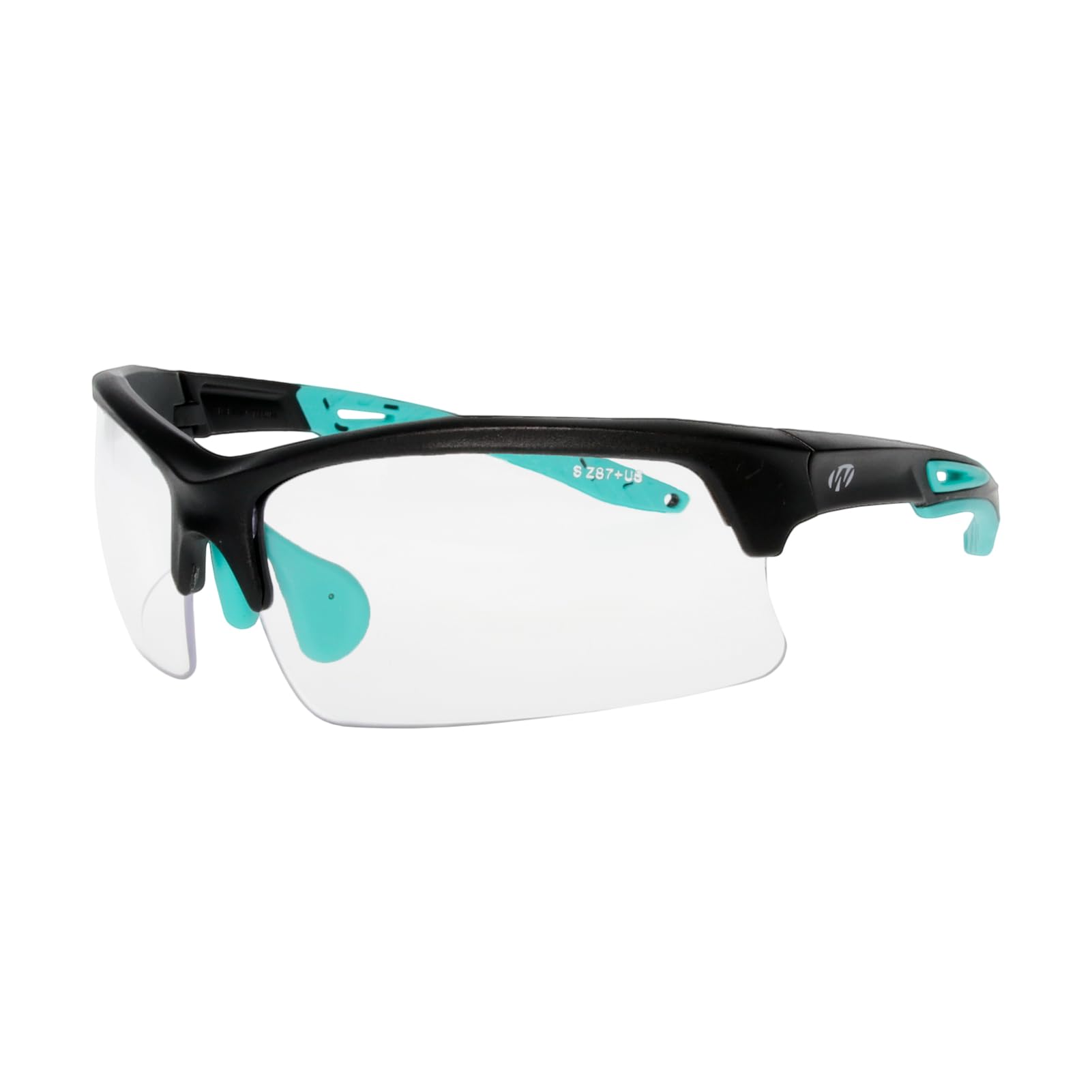 Walker's teal glasses nosepiece close-up showing secure fit