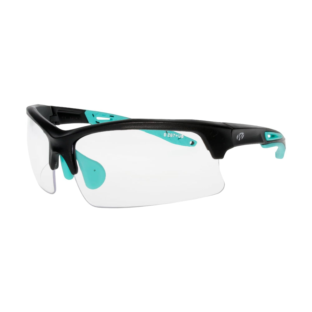 Walker's teal glasses nosepiece close-up showing secure fit