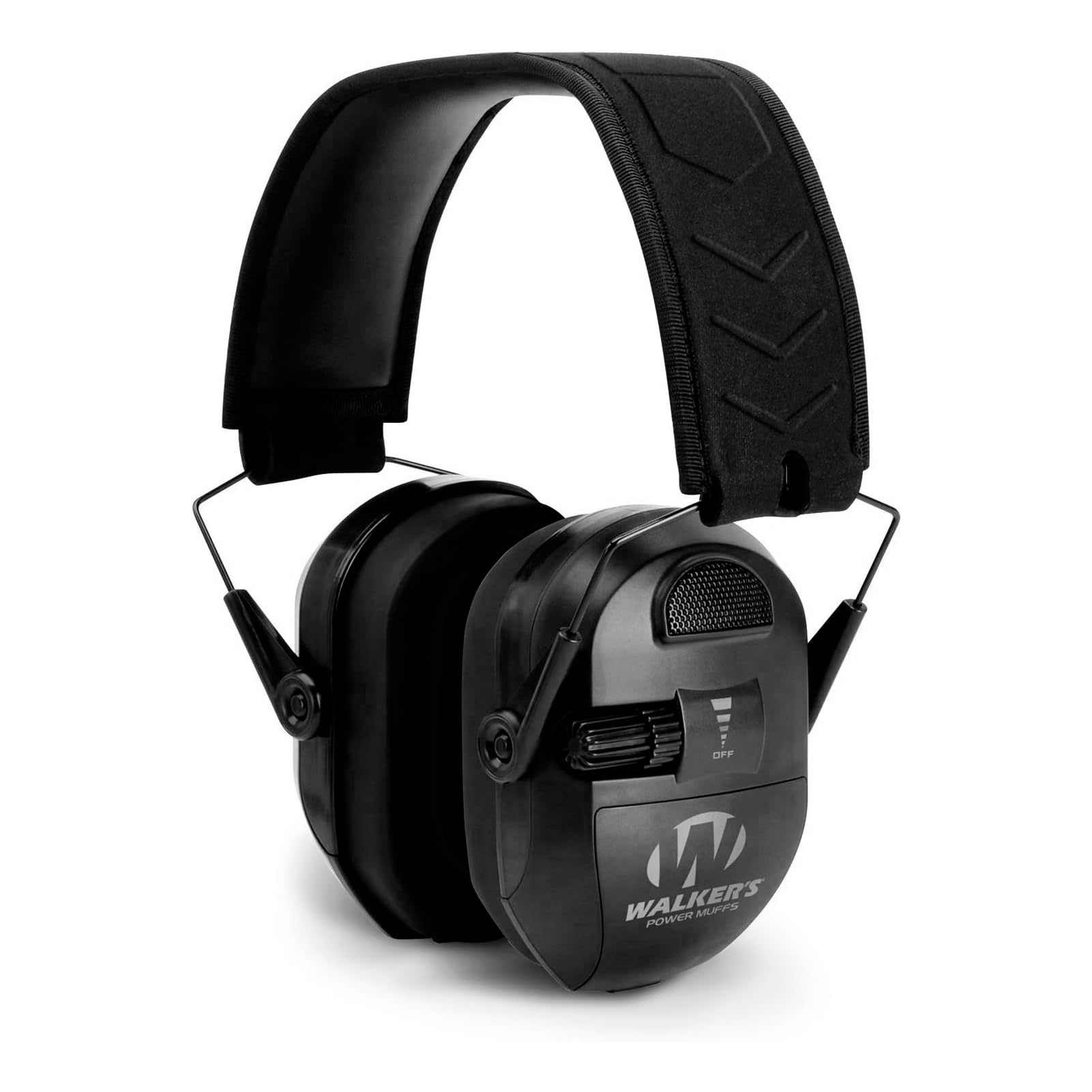 Walker's Ultimate Power Muff on head showing protective hearing in outdoor shooting scenarios.