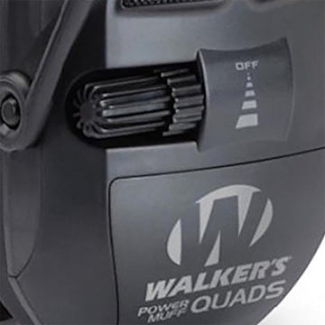 Walker's Ultimate Power Muff Quads battery compartment with included AAA batteries.
