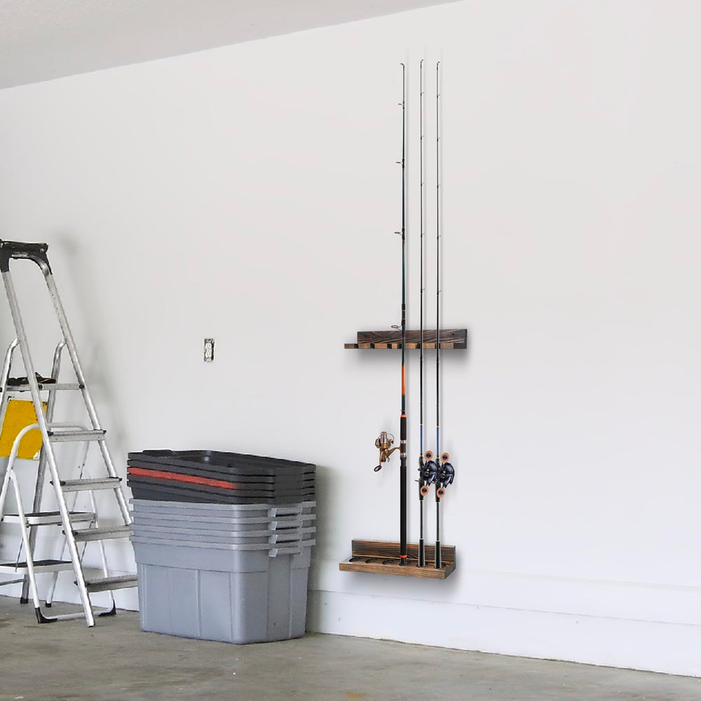 Wall-mounted vertical rod storage rack for fishing gear