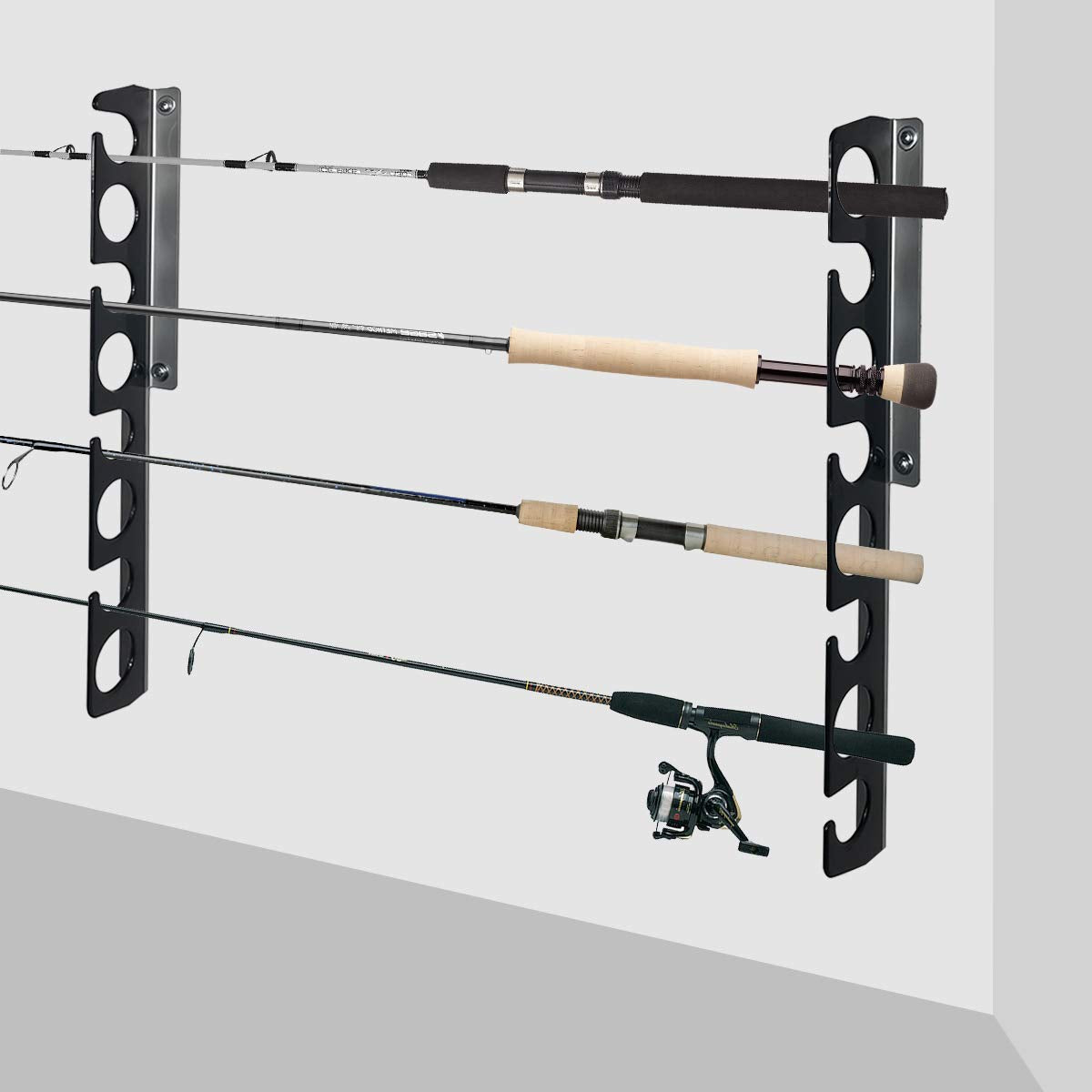 Ceiling or wall mounted fishing rod storage in garage