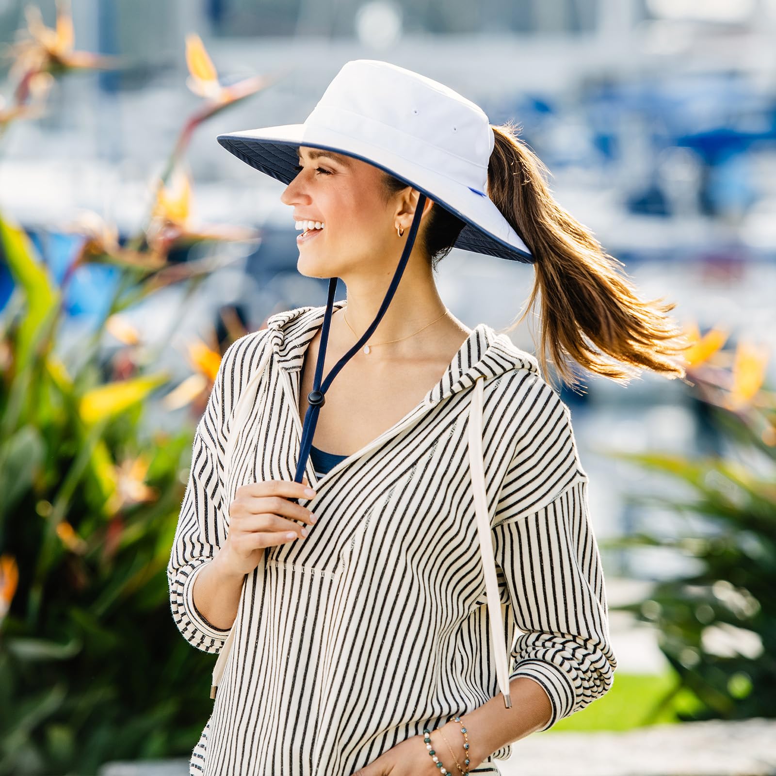 Wallaroo Sanitas Sun Hat pony-tail-slot design secures comfortable fit