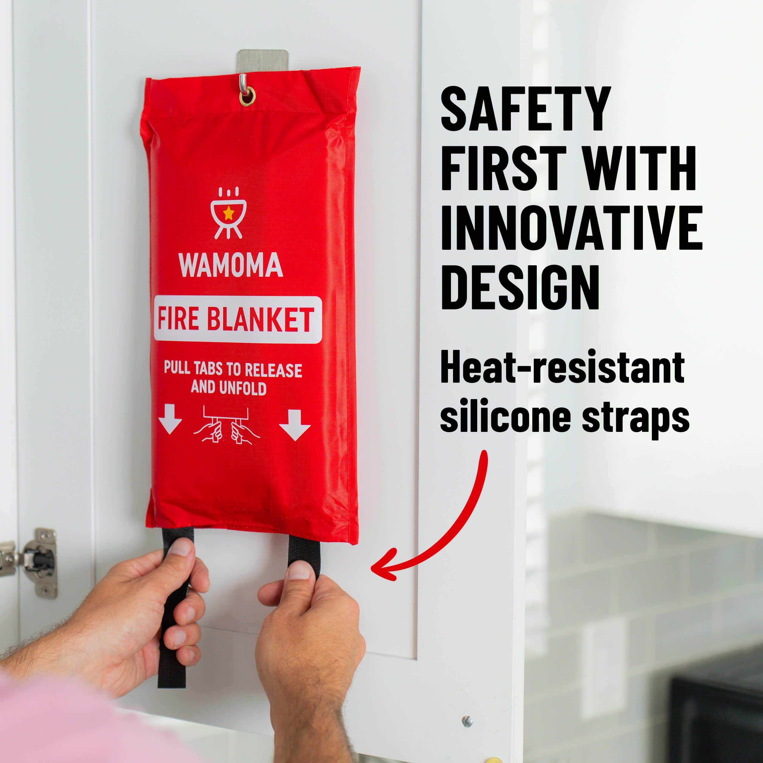 Wamoma Fire Blanket pull-and-go deployment for rapid use on stoves and grills