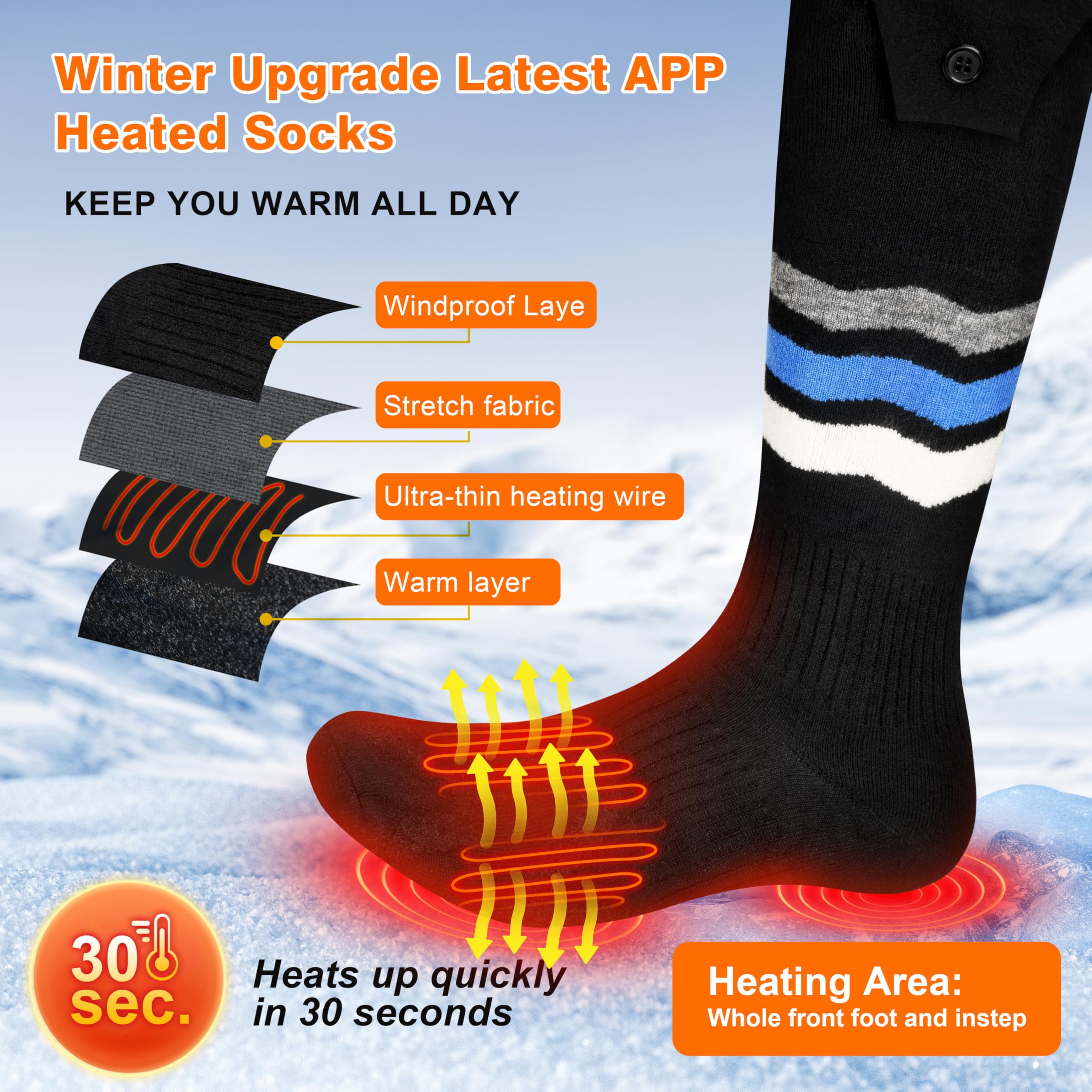 WAMOVAL heated socks worn during winter activities like skiing or hiking