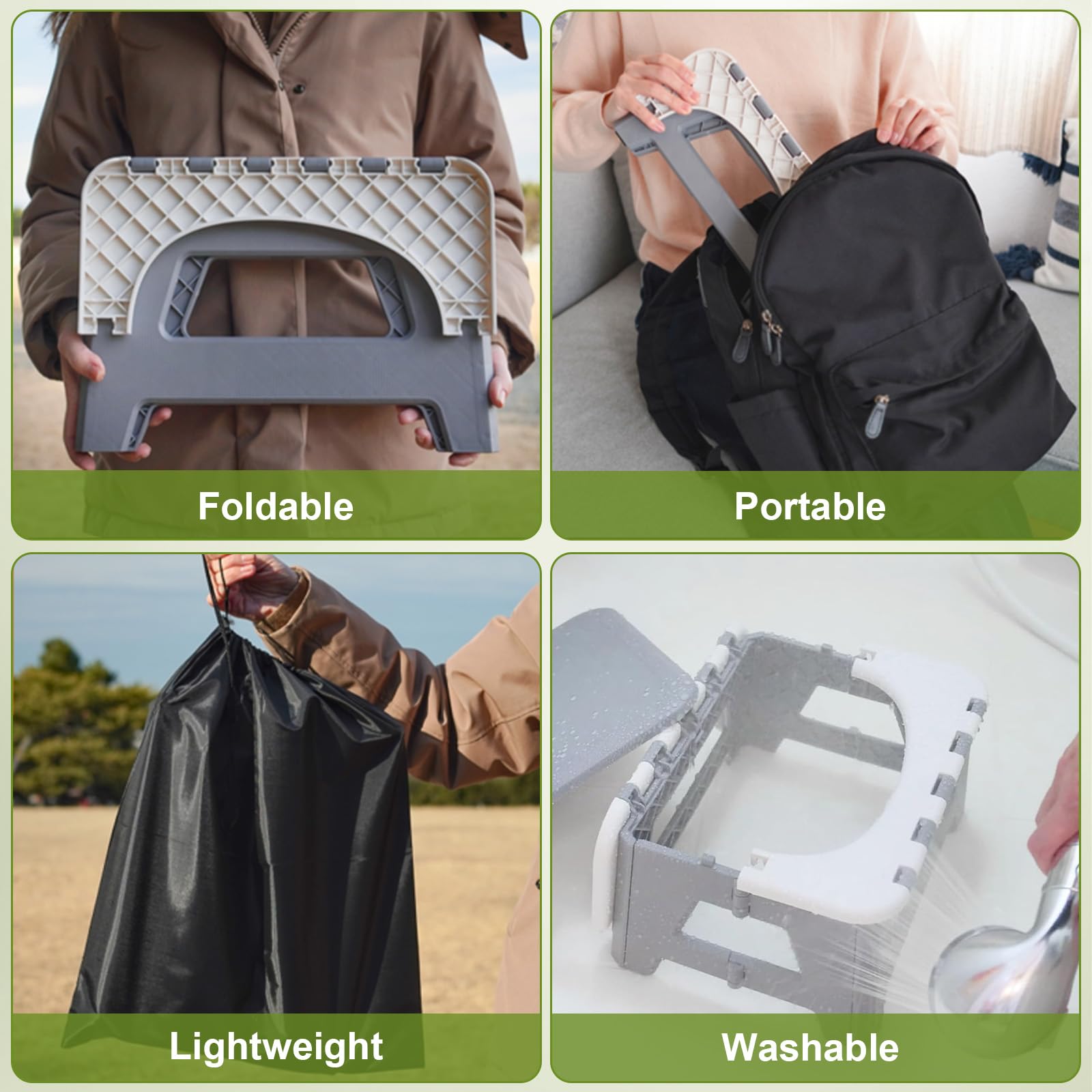 Wanheart portable toilet anti-slip base stabilizes on uneven surfaces.