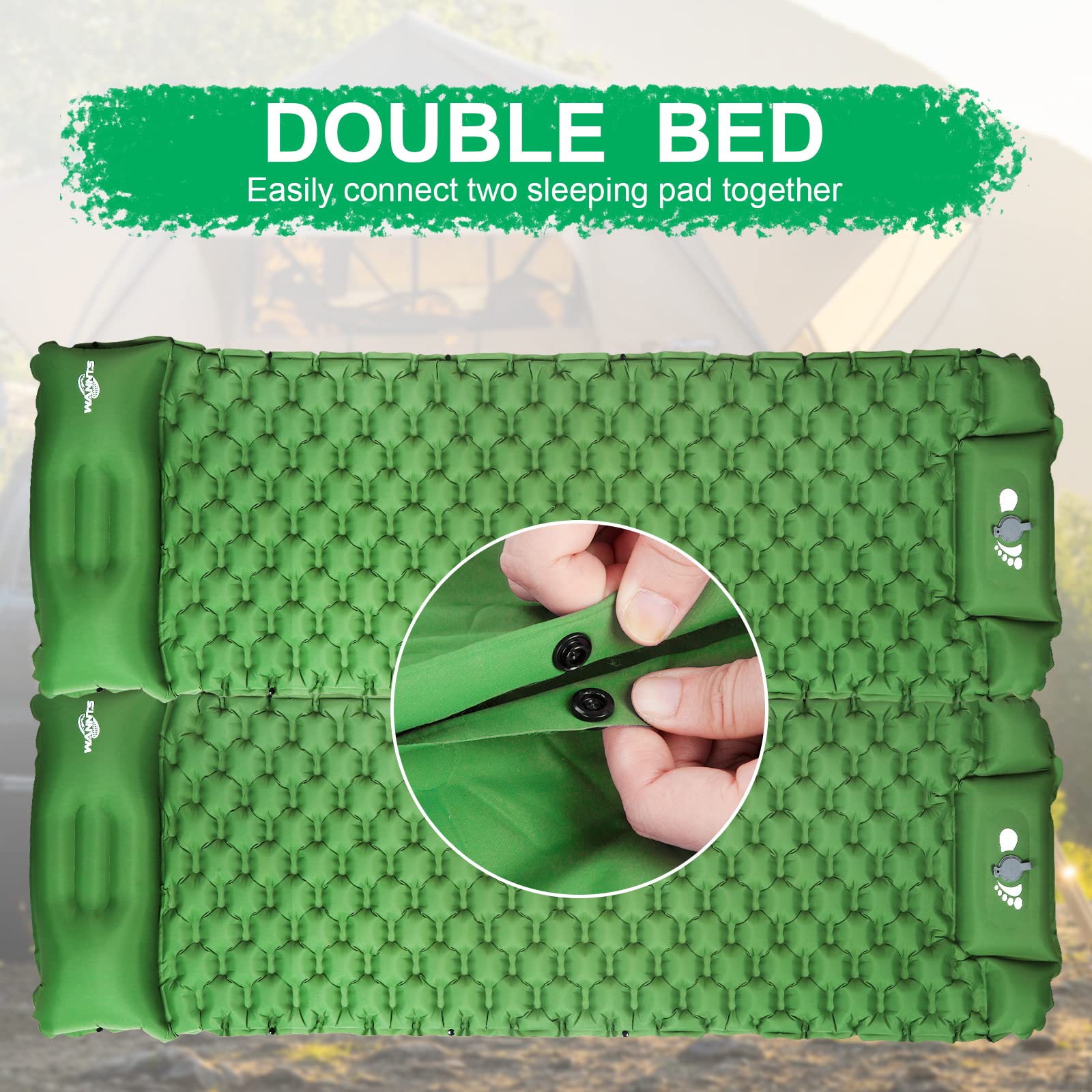 WANNTS sleeping pad built-in pump enables quick foot inflation for easy setup.