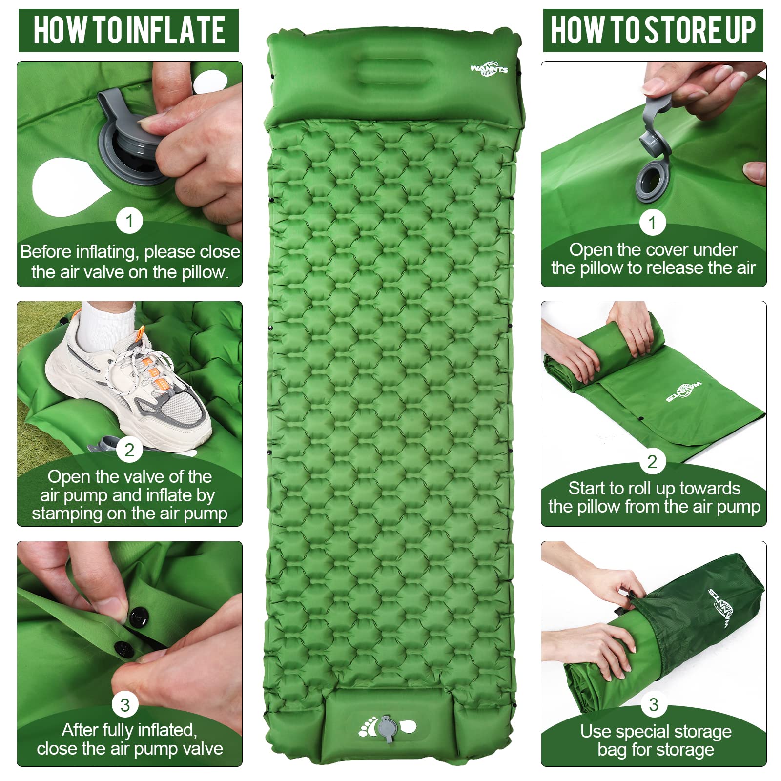WANNTS sleeping pad durable outdoor material withstands varied weather and terrain.