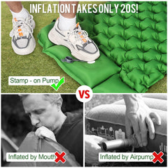 WANNTS sleeping pad inflates in about 20 seconds for rapid campsite readiness.