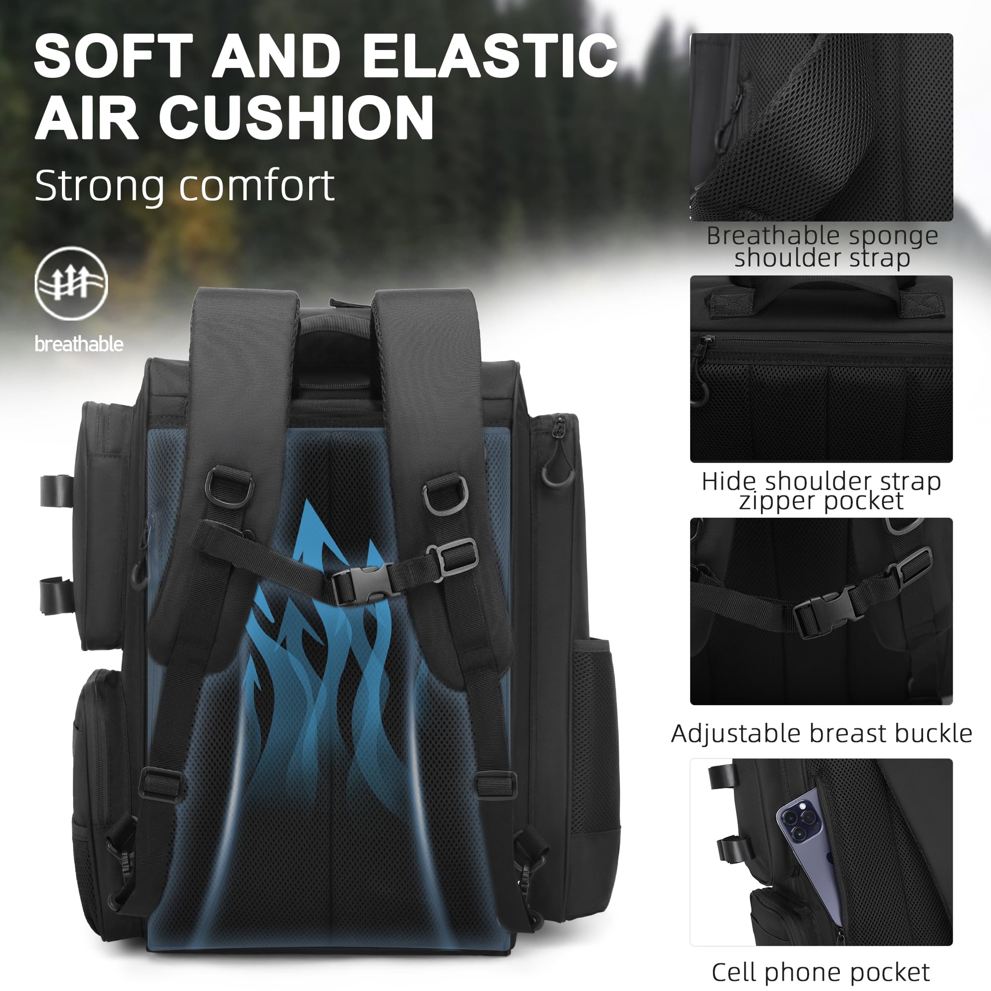 WANOON fishing backpack bottom view with reinforced base protection.