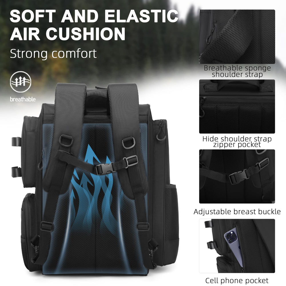 WANOON fishing backpack bottom view with reinforced base protection.