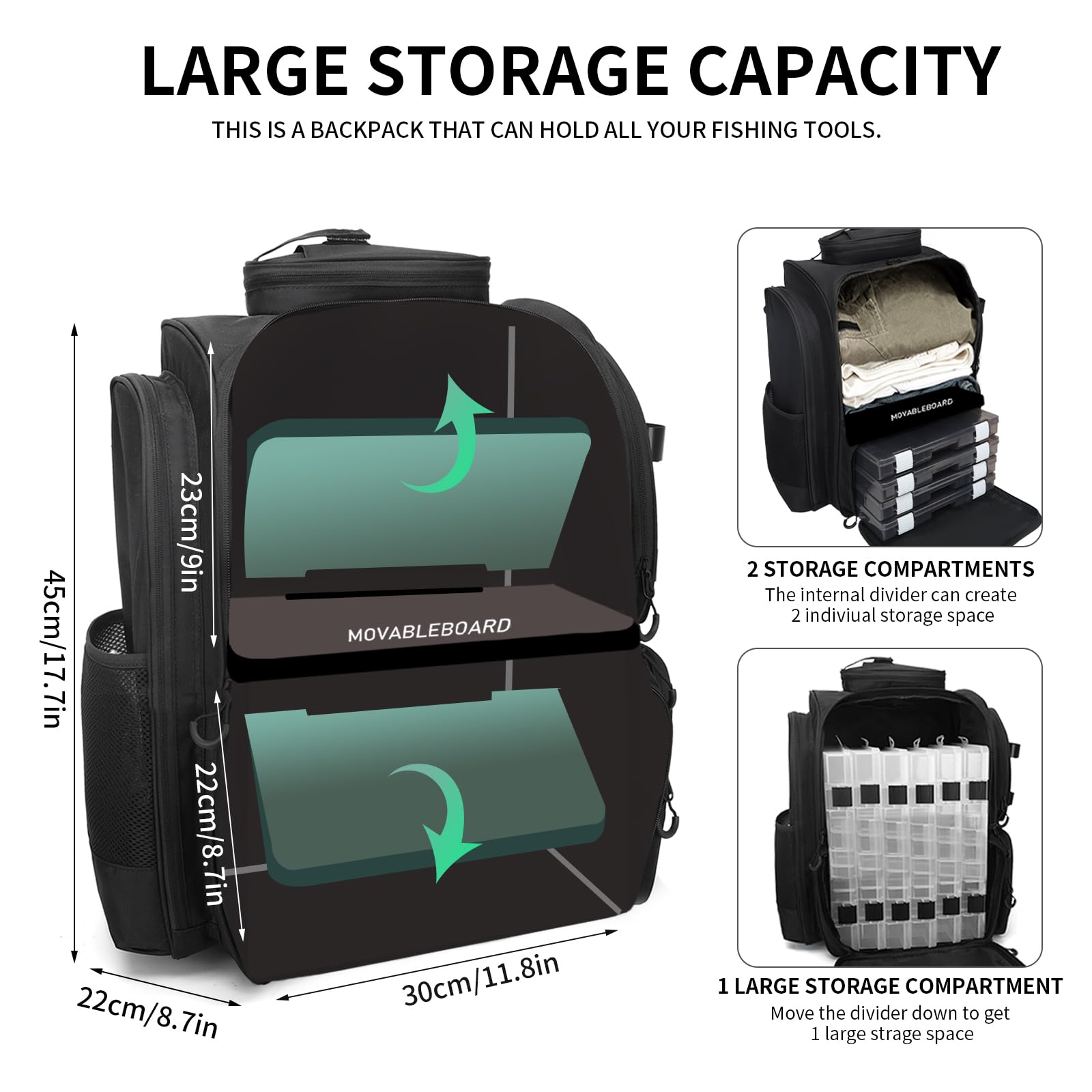 WANOON fishing backpack foldable divider enables versatile organization.
