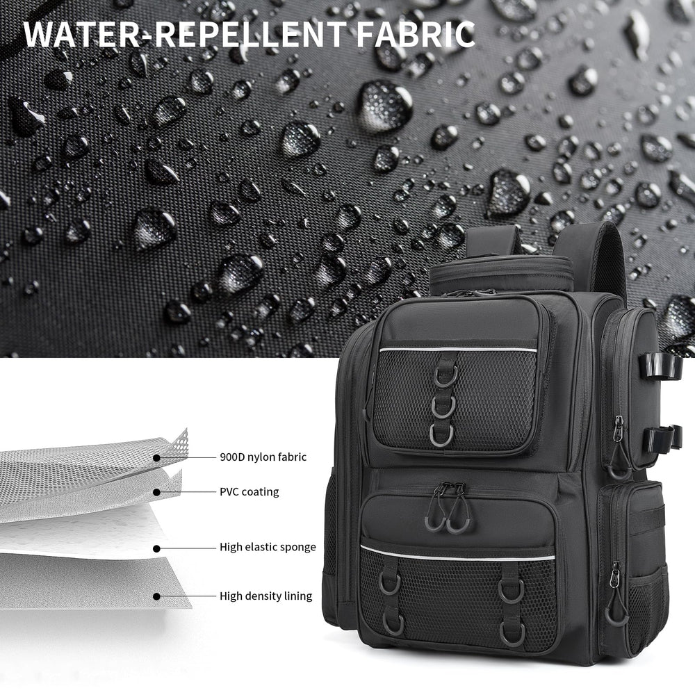 WANOON fishing backpack hidden shoulder straps reduce bulk when stored.