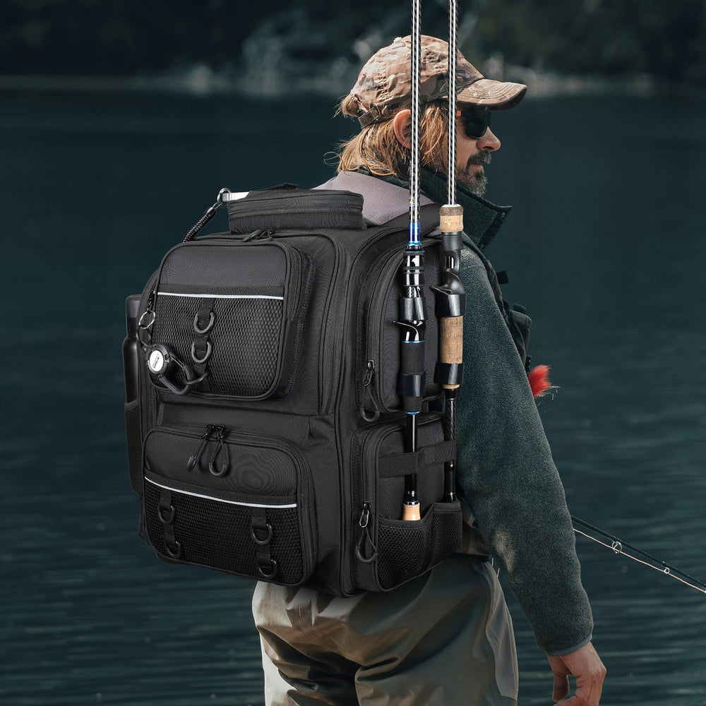 WANOON fishing backpack in action on a boat with gear ready.