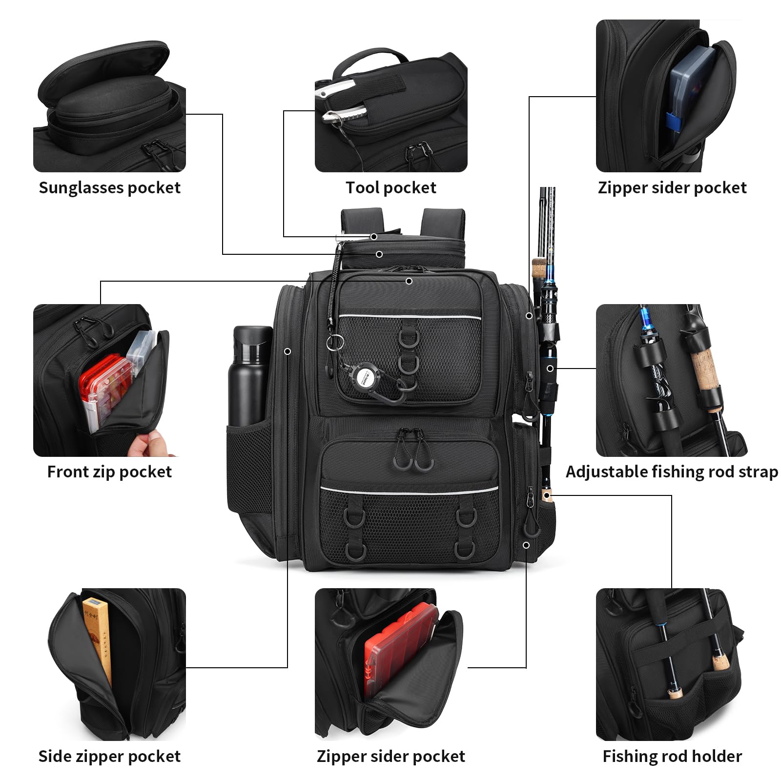 WANOON fishing backpack side bags and bottle sleeves for quick reach.