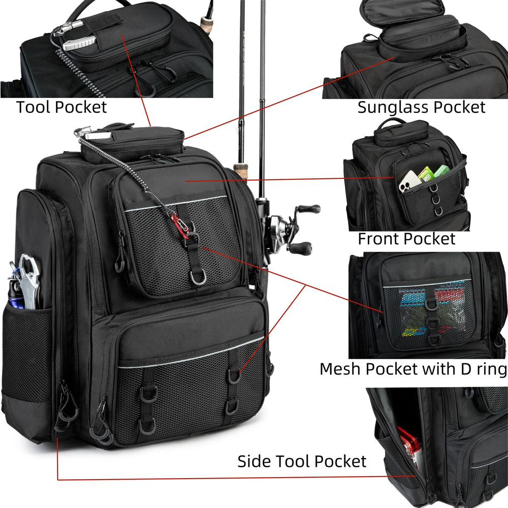 WANOON fishing backpack with tackle boxes open for easy gear organization.