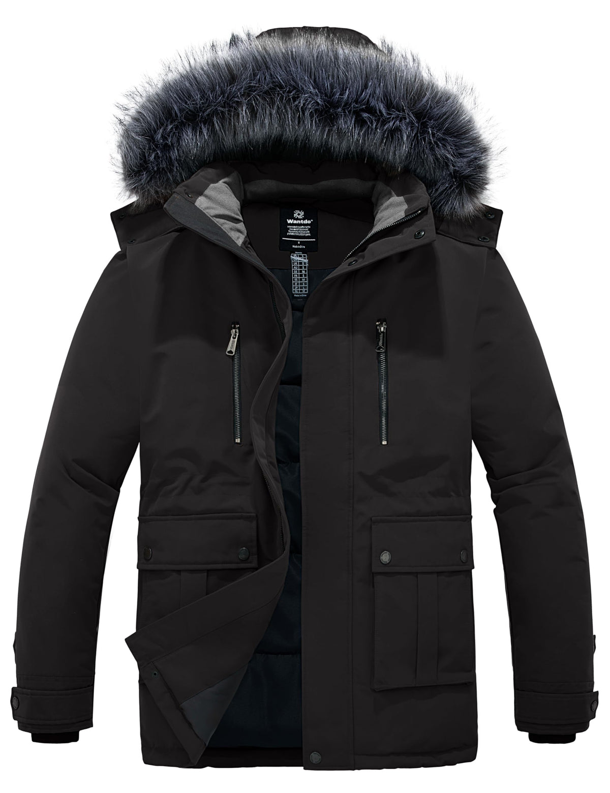Wantdo men's big-tall black parka front view showing warm, windproof shell