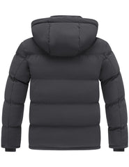 Wantdo men's quilted winter jacket hood-up view emphasizes warmth around head and ears.