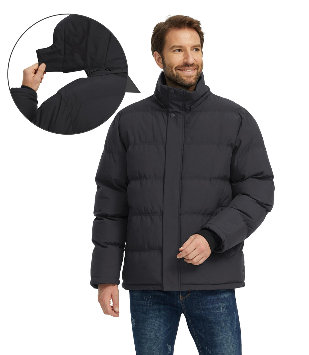 Wantdo men's quilted winter jacket side-pocket view shows secure storage for keys and phone.