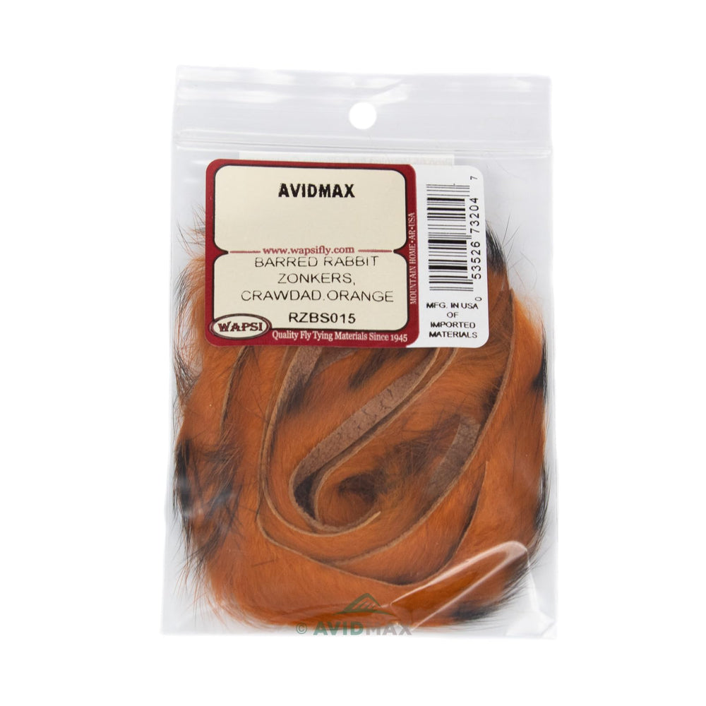 Wapsi barred rabbit zonkers in crawdad orange for consistent color and vibrant fly tying.