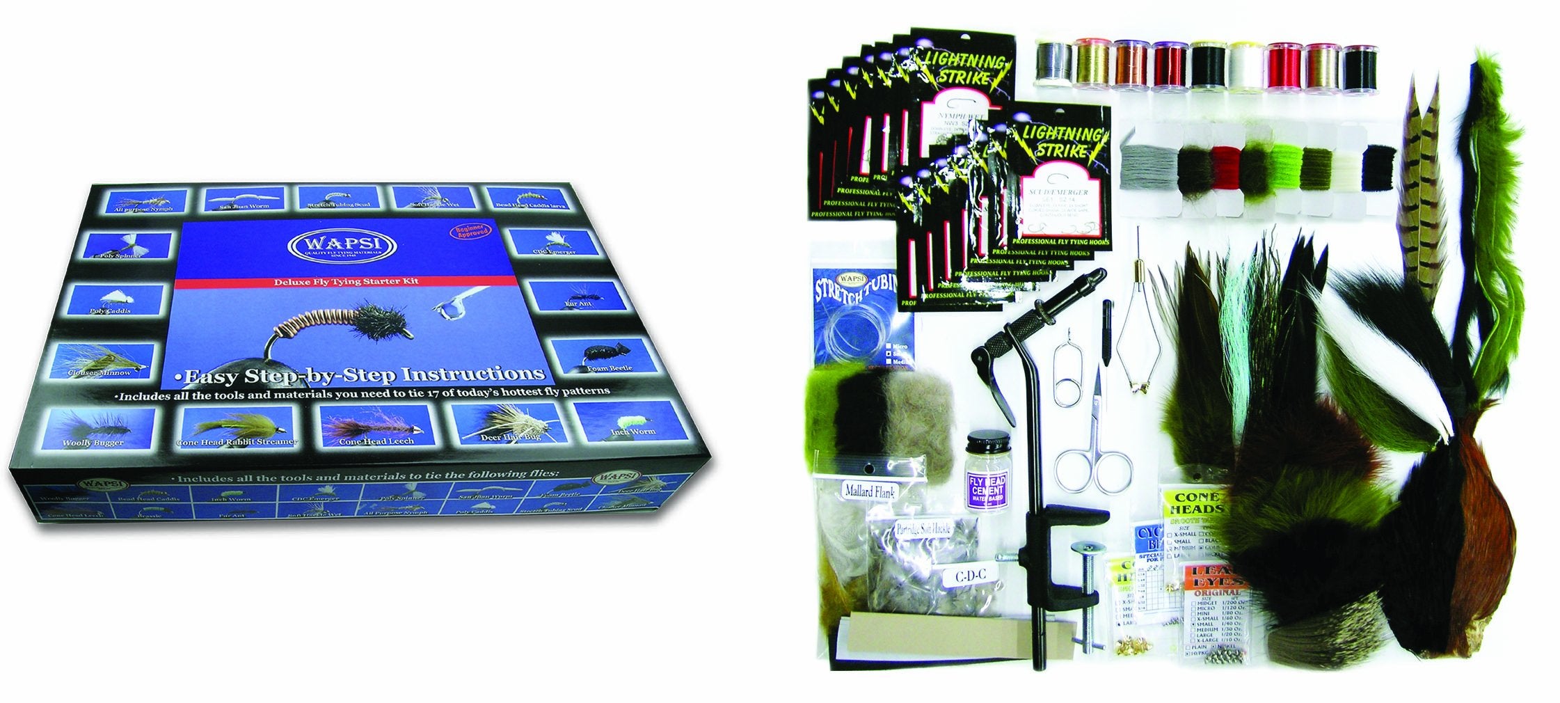 Wapsi Deluxe Fly Tying Starter Kit cover shows complete setup for tying 17 patterns.