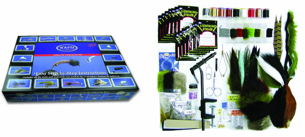 Wapsi Deluxe Fly Tying Starter Kit cover shows complete setup for tying 17 patterns.