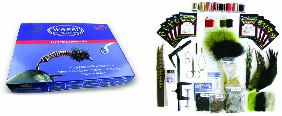 Wapsi Fly Tying Starter Kit shows complete tools to tie 10 trout flies, perfect for beginners