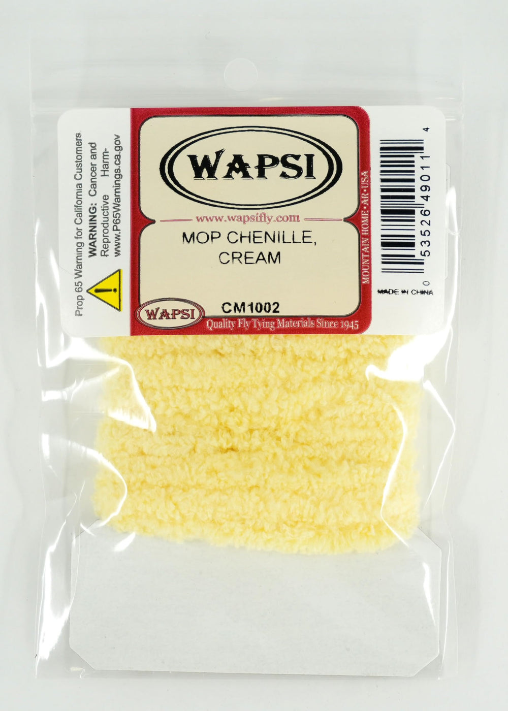 Wapsi Mop Chenille Cream yarn close-up, showcasing soft texture for quick Mop Fly tying.