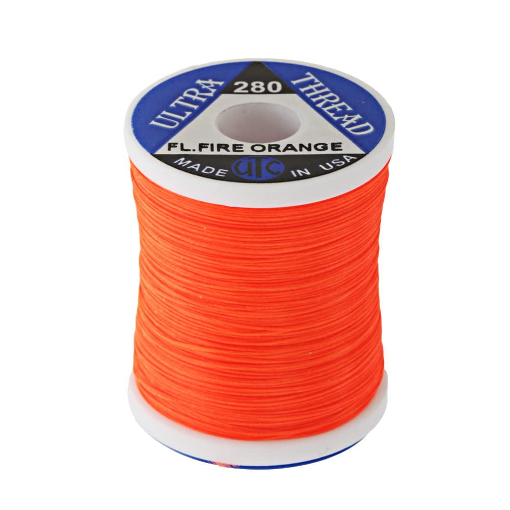 UTC Ultra Thread fluorescent fire orange spool; high visibility and strong grip for durable flies.