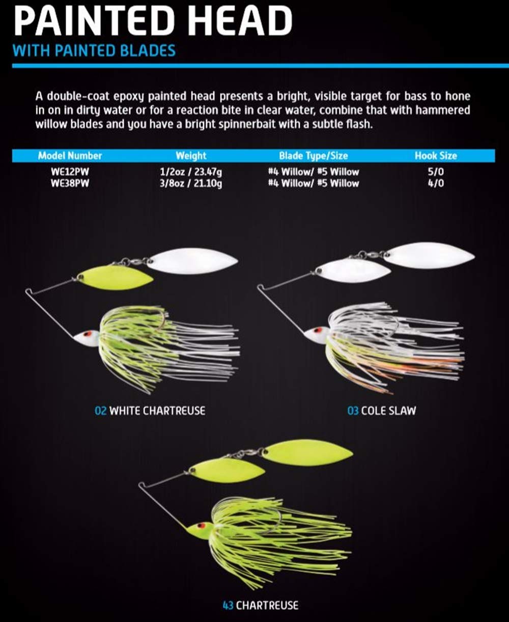 War Eagle Custom Lures cole slaw painted head spinnerbait, double willow blades, ideal for versatile depth retrieves.