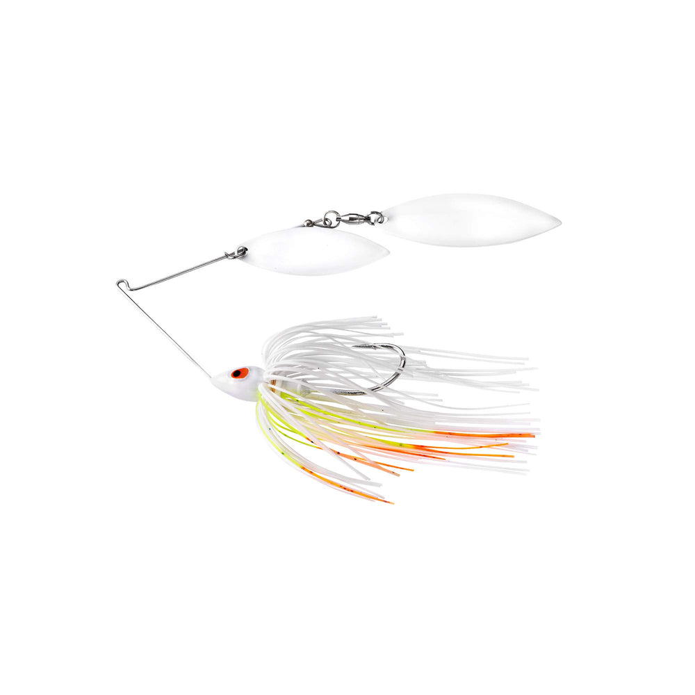 War Eagle Custom Lures cole slaw painted head spinnerbait with willow blades improves visibility in stained water.