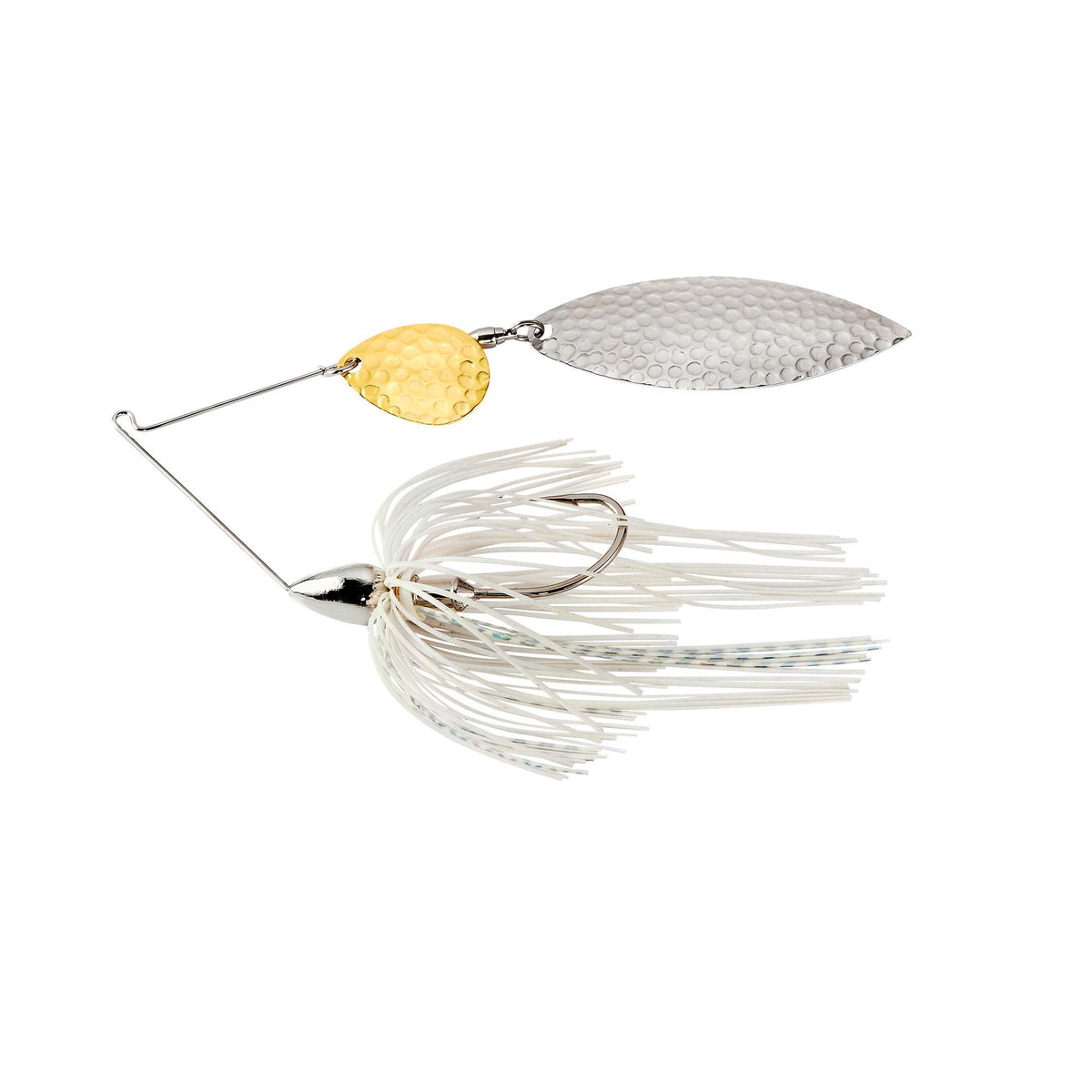 War Eagle Custom Lures nickel-frame hammered tandem willow spinnerbait with white skirt, ideal for clear water.