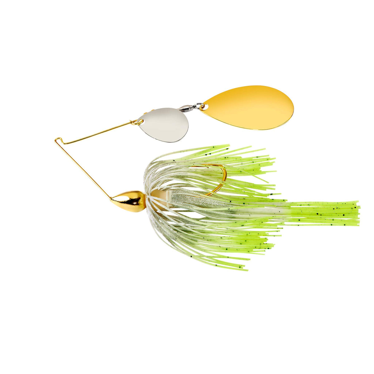 War Eagle WE38GIN26 gold-frame tandem Indiana blade bait for stained water and fast retrieves.