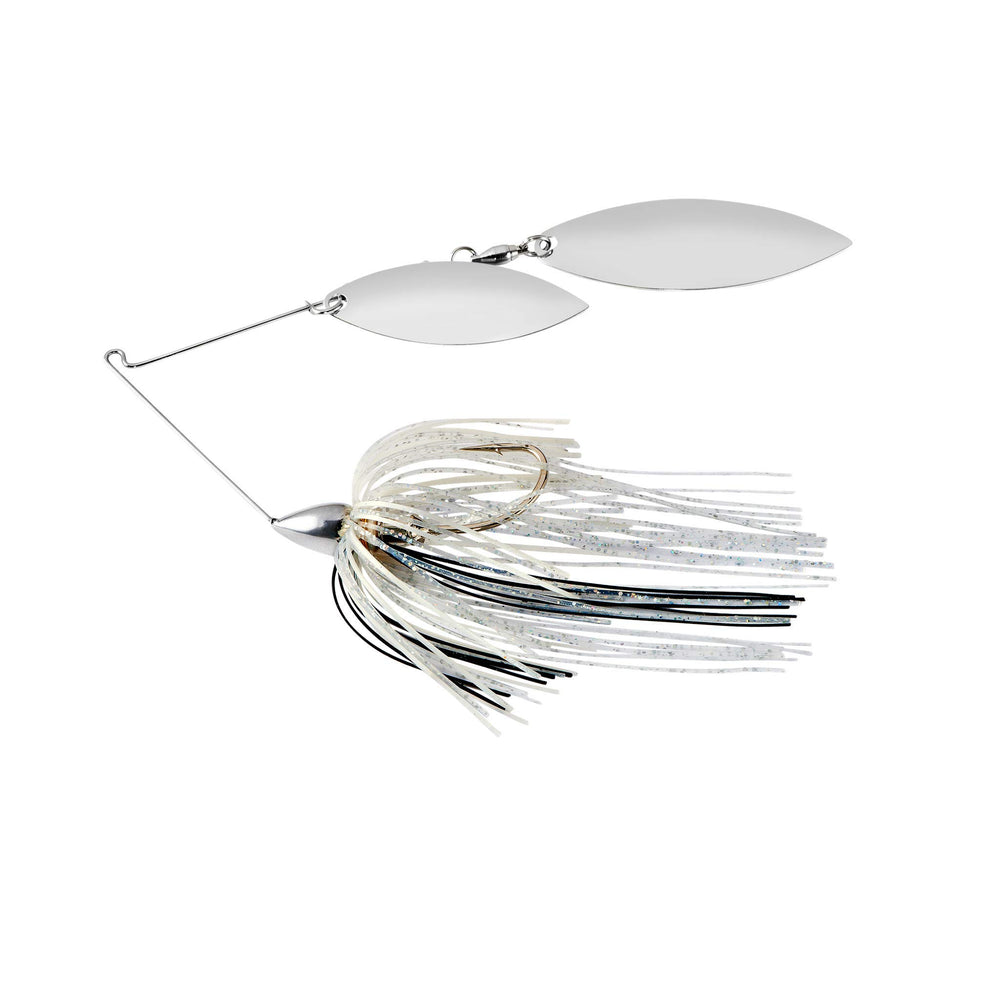 War Eagle Double Willow spinnerbait front view with silver shiner skirt for high flash.