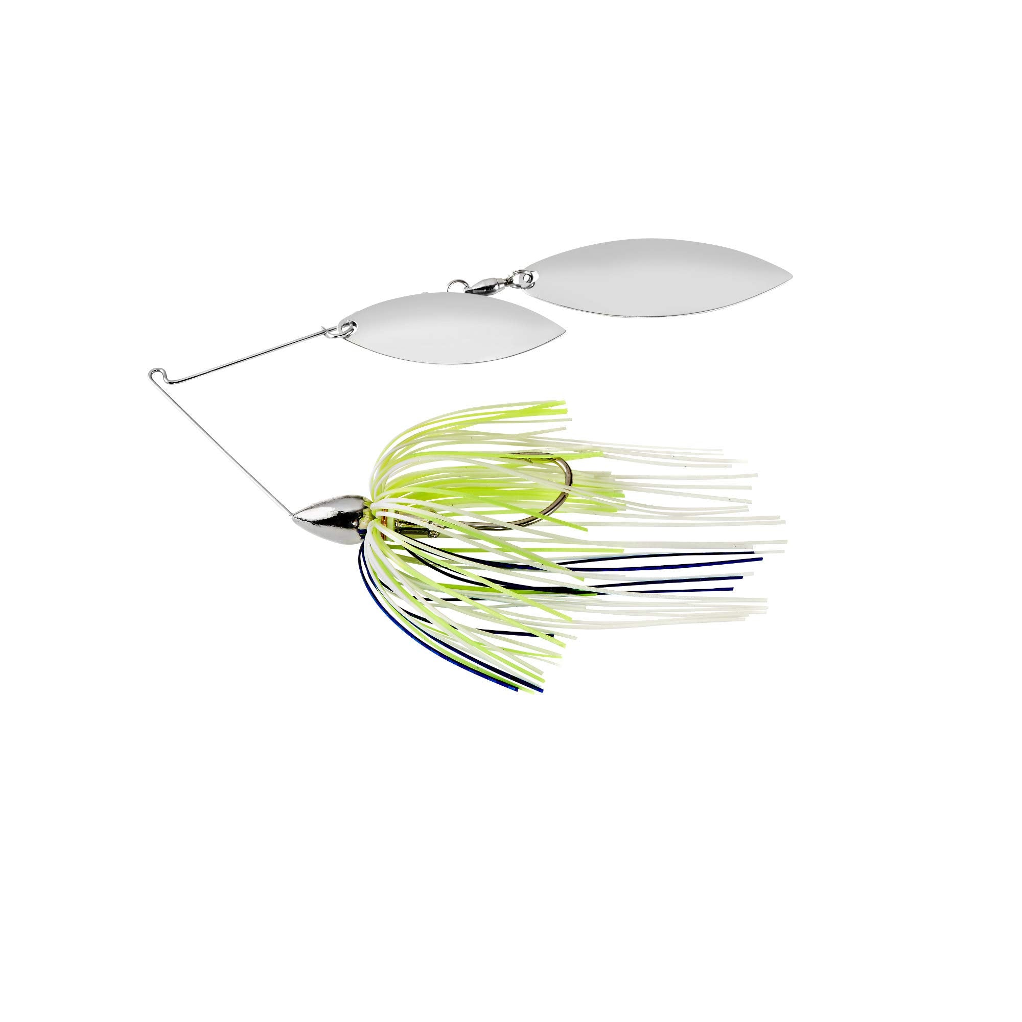 War Eagle Double Willow spinnerbait with white chartreuse blue skirt increases flash for clear-water bass