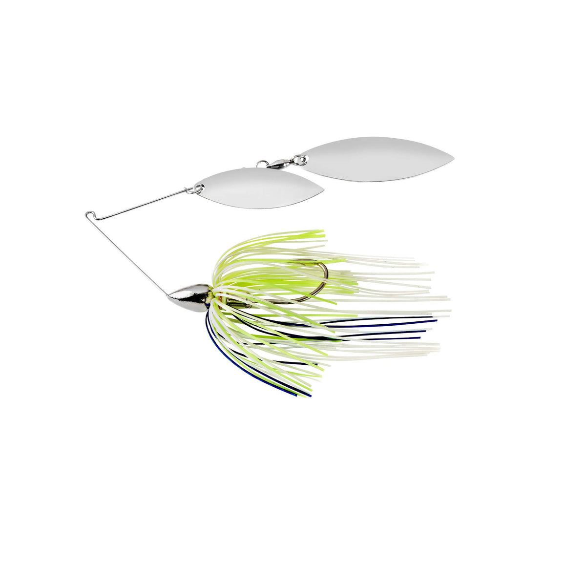 War Eagle Double Willow spinnerbait with white chartreuse blue skirt increases flash for clear-water bass