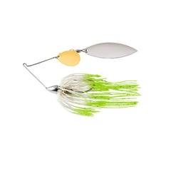 War Eagle nickel-frame tandem willow spinnerbait with hot white shad skirt for clear-water visibility
