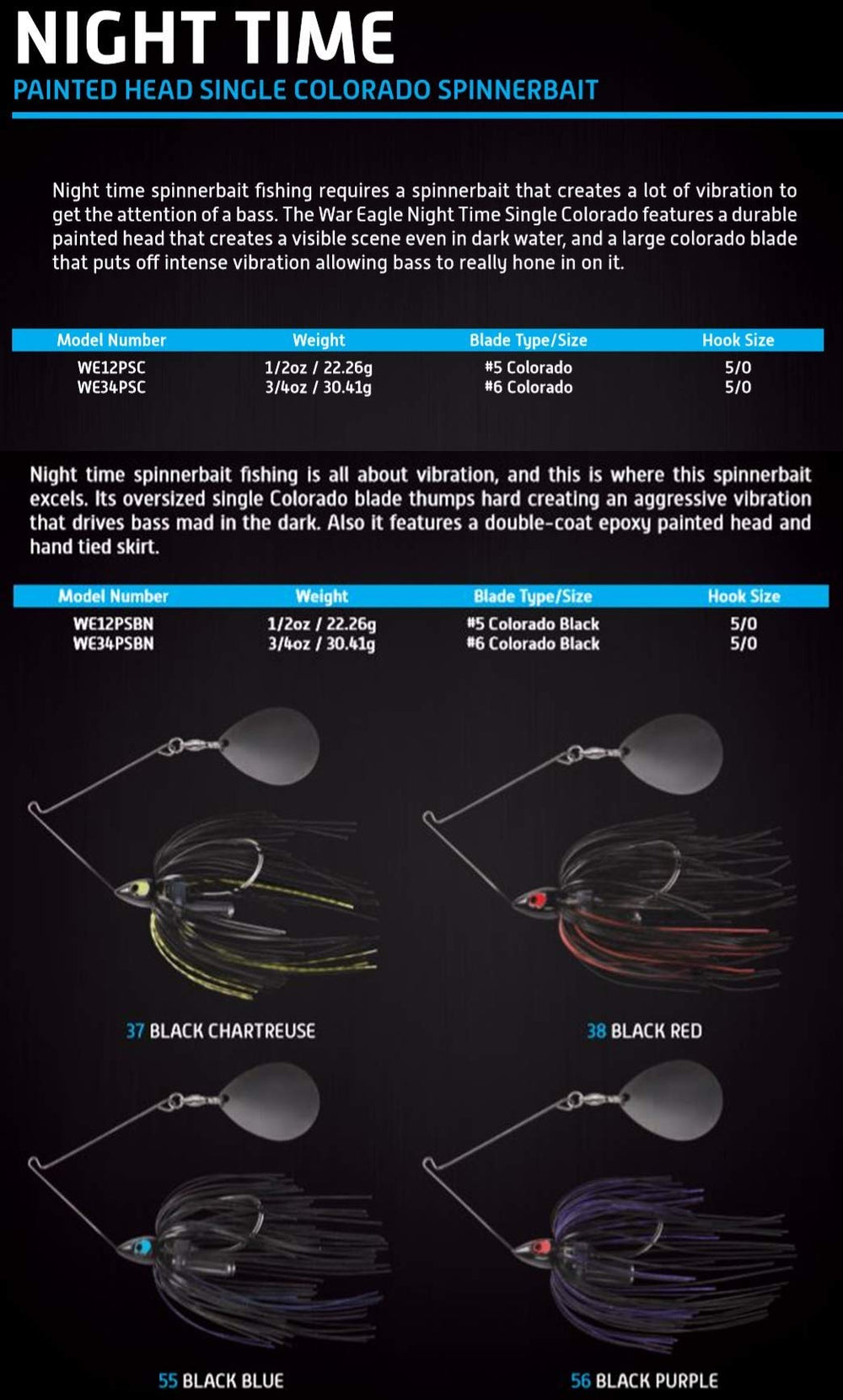 War Eagle Night Time Colorado blade detail emphasizing strong vibration for night catches