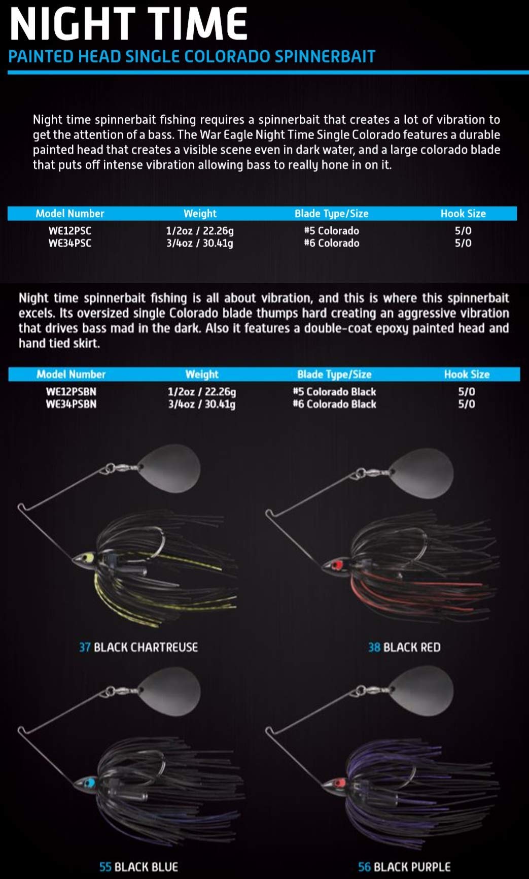 War Eagle Night Time spinnerbait with Colorado blade delivers strong vibration at night