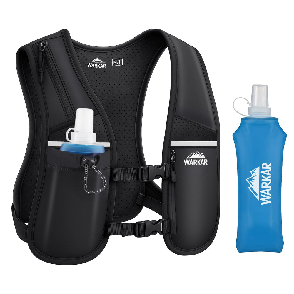 WARKAR running vest front view with bottle pocket for hands-free hydration during runs.