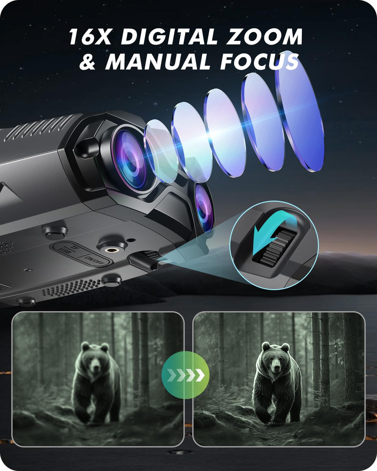 WARMTUYO Night Vision Goggles with 16x digital zoom for distant detail.